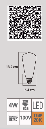 FOCO LED RETRO ST64 4W E26 130V DIMMABLE