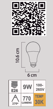 FOCO LED A19 9W 30K E26 100-265V