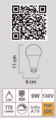 FOCO LED A19 9W 30K E26 130V DIMMABLE