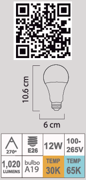 FOCO LED A19 12W E26 100-265V