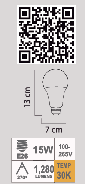 FOCO LED A21 15W E26 30K 100-265V