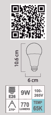 FOCO LED A19 9W 65K E26 100-265V 4 PACK