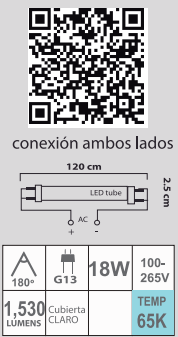 LED T8 18W 65K 100-265V CLARO DOBLE CONEXIÓN