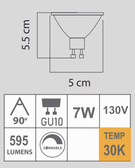 LED GU10 7W 30K 130V DIMMABLE