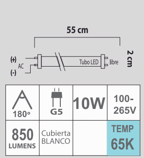 LED T5 10W 65K 100-265V BLANCO