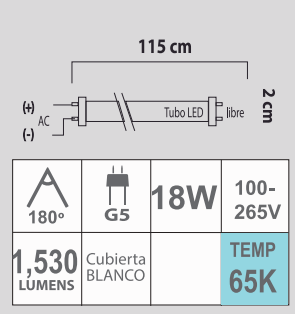 LED T5 18W 65K 100-265V BLANCO