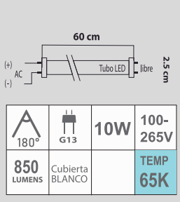 LED T8 10W 65k 100-265V BLANCO