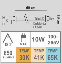 LED T8 10W 100-265V CLARO