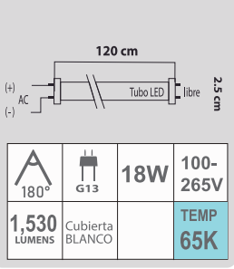 LED T8 18W 65K 100-265V BLANCO