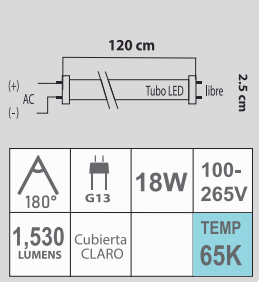 LED T8 18W 65K 100-265V CLARO