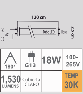 LED T8 18W 30k 100-265V CLARO