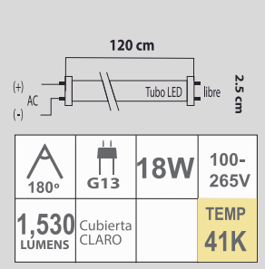 LED T8 18W 41K 100-265V CLARO