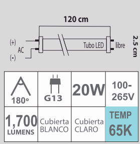 LED T8 20W 65K 100-265V