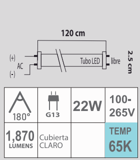 LED T8 22W 65K 100-265V CLARO