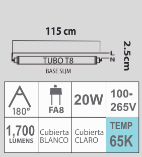 LED T8 20W 65K 100-265V FAB 1.15M