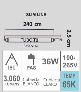 LED T8 36W 65K 100-265V