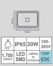 REFLECTOR LQ-LED 20W 65K 100-265V FOTOCELDA