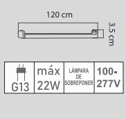 CANALETA LED T8LCD-120/S 1.20M DOBLE CONEXIÓN