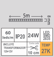 TIRA LED 24W 27K IP20 SMD-2835 120V 5M