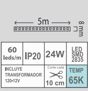 TIRA LED 24W 65K IP20 SMD-2835 120V 5M