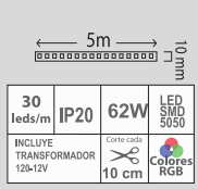 TIRA LED 62W RGB IP20 SMD 5050 120V 5M