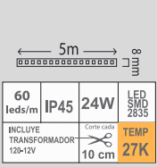 TIRA LED 24W 27K IP45 SMD-2835 120V 5M