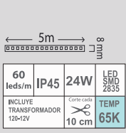 TIRA LED 24W 65K IP45 SMD-2835 120V 5M