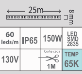 MANGUERA LED PLANA 150W 65K 130V SMD-2835 25M 60L