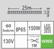 MANGUERA LED PLANA 150W SMD 2835 25M VERDE 60L