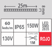 MANGUERA LED PLANA 150W SMD 2835 25M ROJO 60L